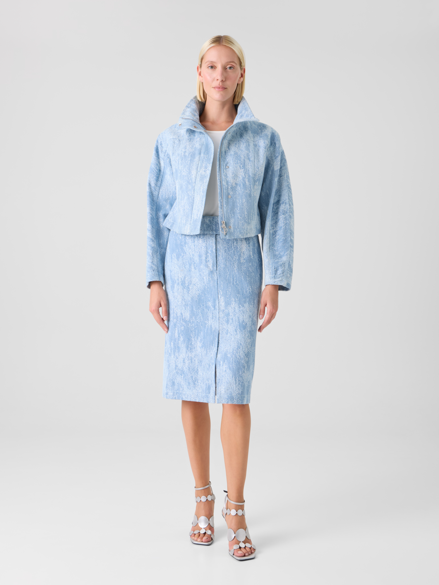 Designer Jacquard Denim Pencil Skirt - blue