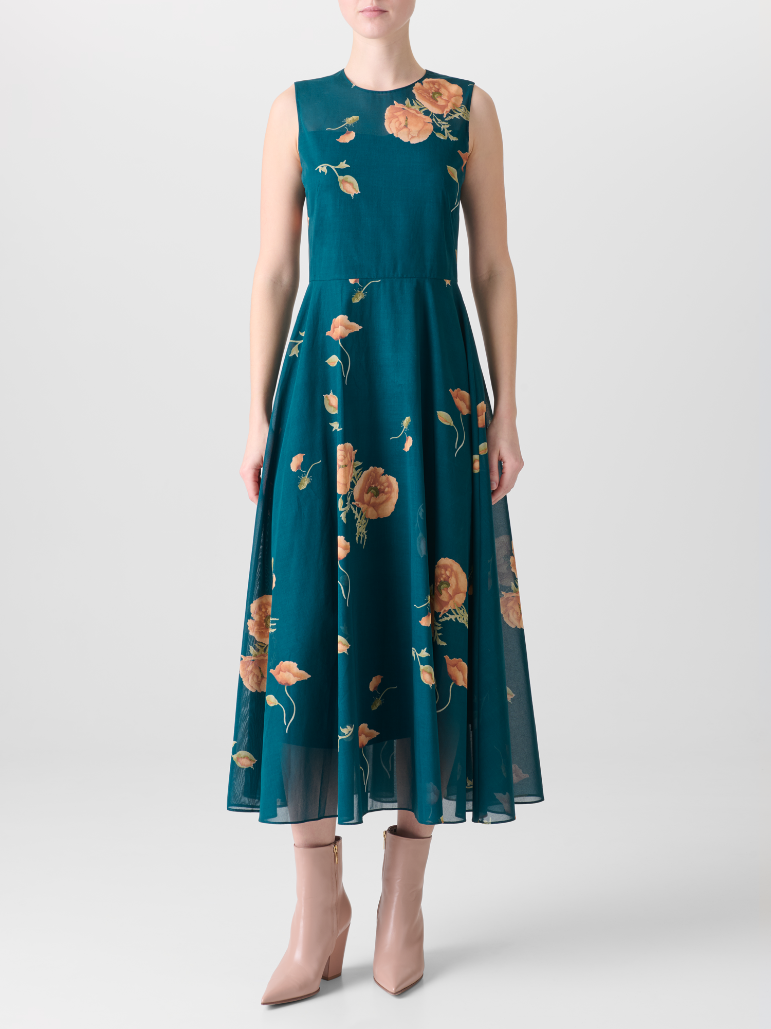 Designer Flared Cotton Midi Dress with Anemone Print  - green - multicolor