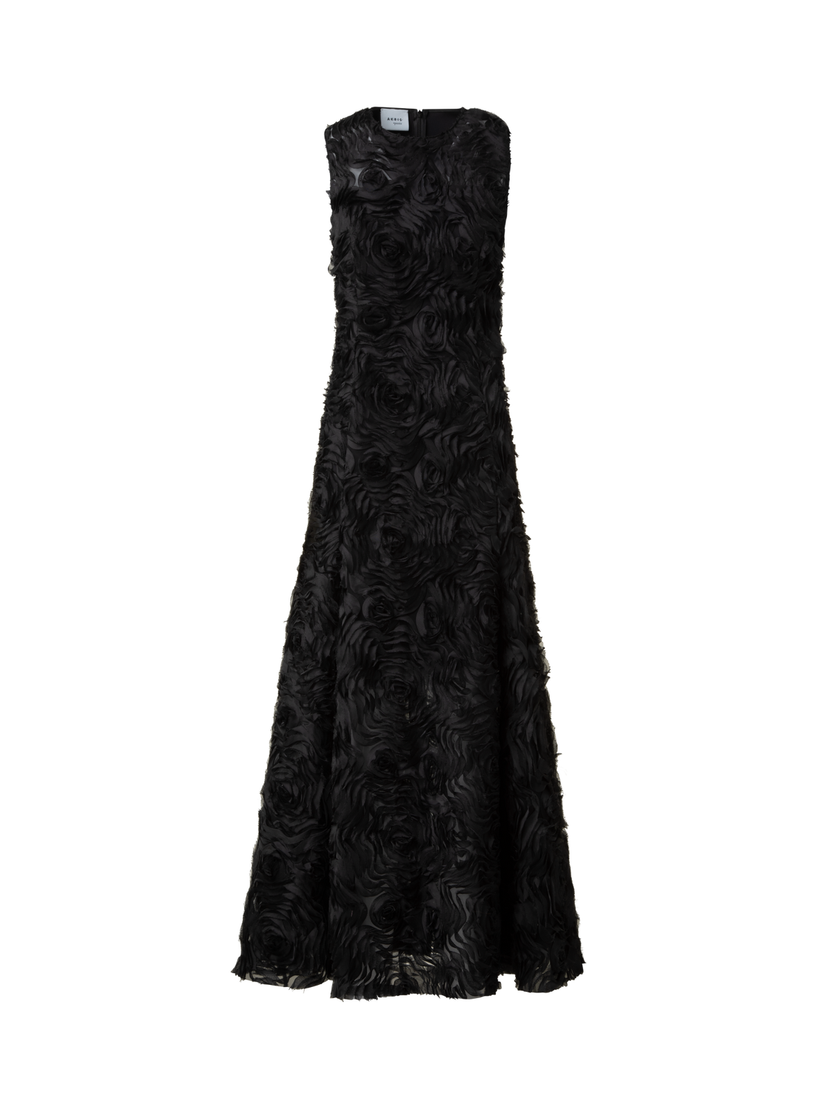 Designer Flared Midi Dress in 3D Carnation Embroidery - black