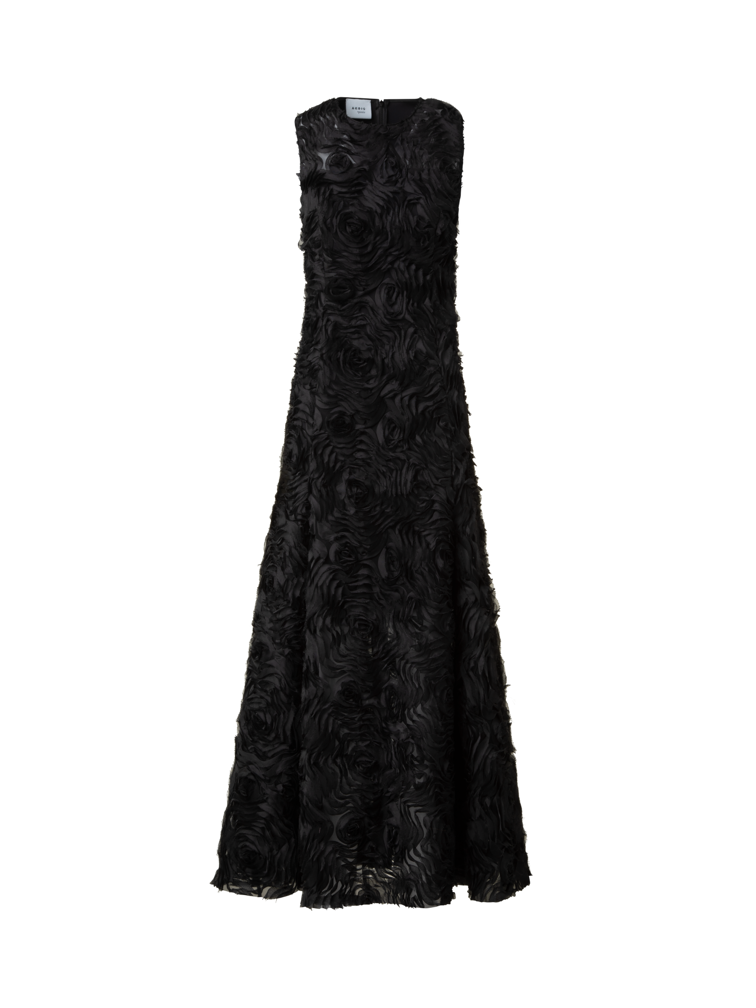 Designer Flared Midi Dress in 3D Carnation Embroidery - black