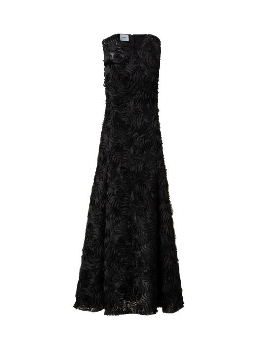 Designer Flared Midi Dress in 3D Carnation Embroidery - black