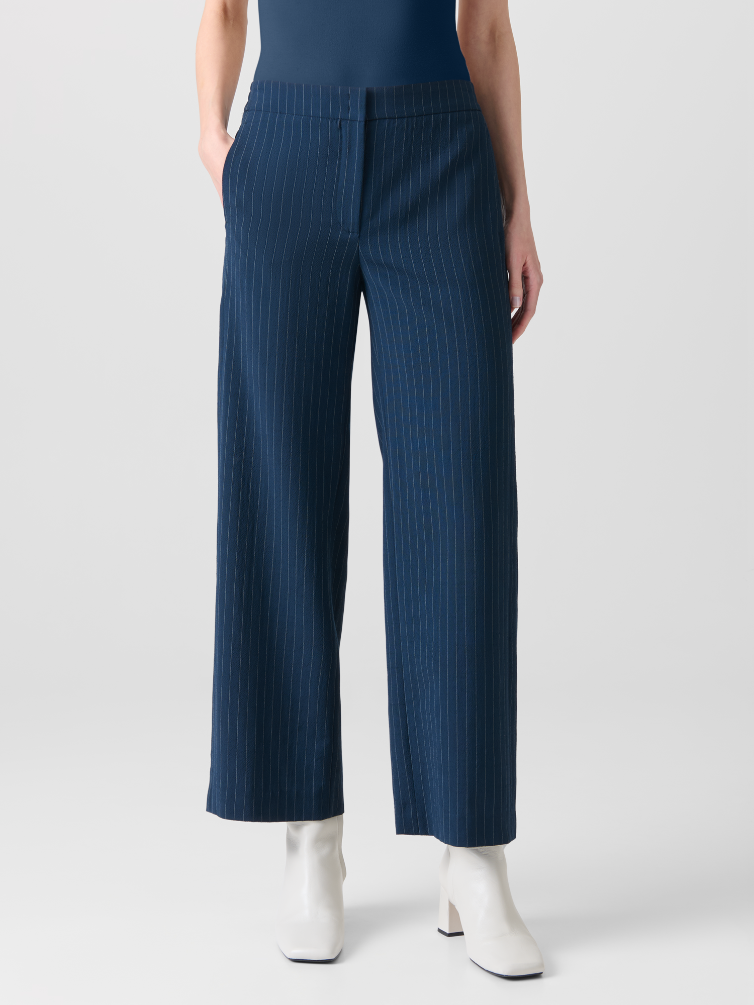 Designer Wide Cool Wool Pants with Elastic Waist - neutral - navy - blue - multicolor 