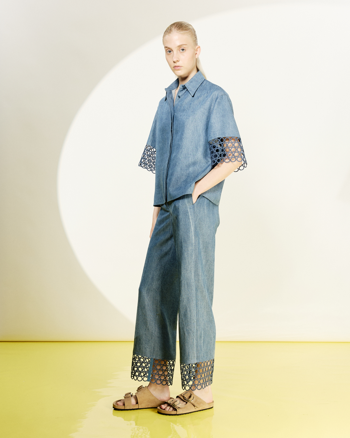 Designer Denim Blouse with Eyelet Guipure - blue #editorial