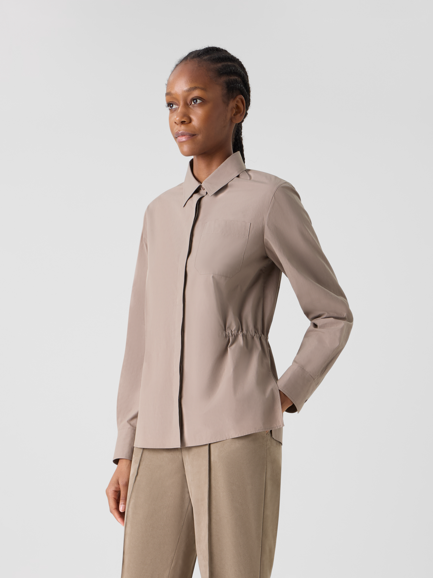 Designer Cotton Poplin Shirt with Waist Drawstring - beige