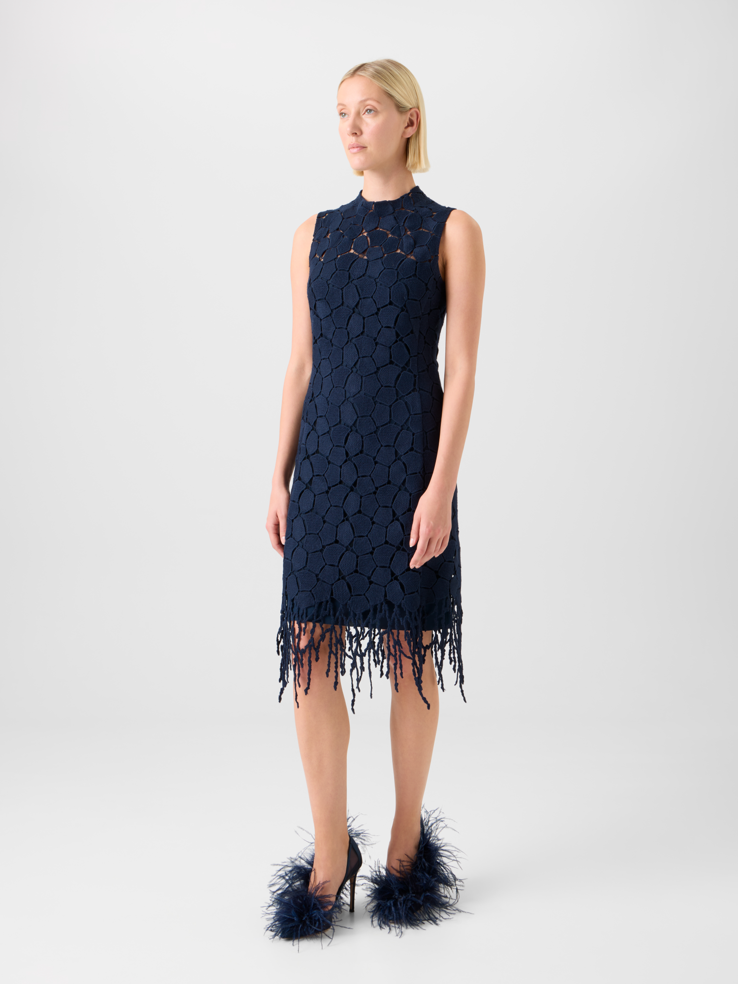 Designer Fringe Sheath Dress in Lapis Lazuli Embroidery - neutral - navy - blue 
