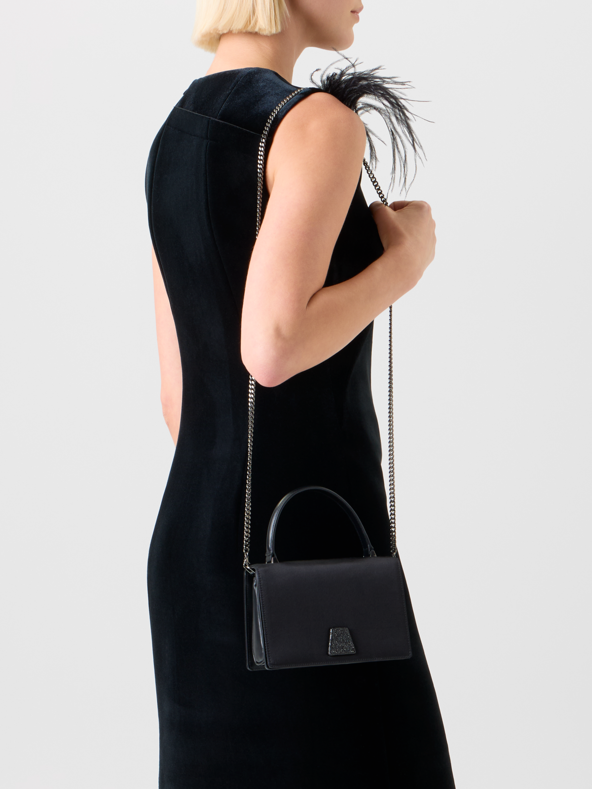 Designer Short Velvet Neoprene Dress with Feather Trim - black - neutral #editorial