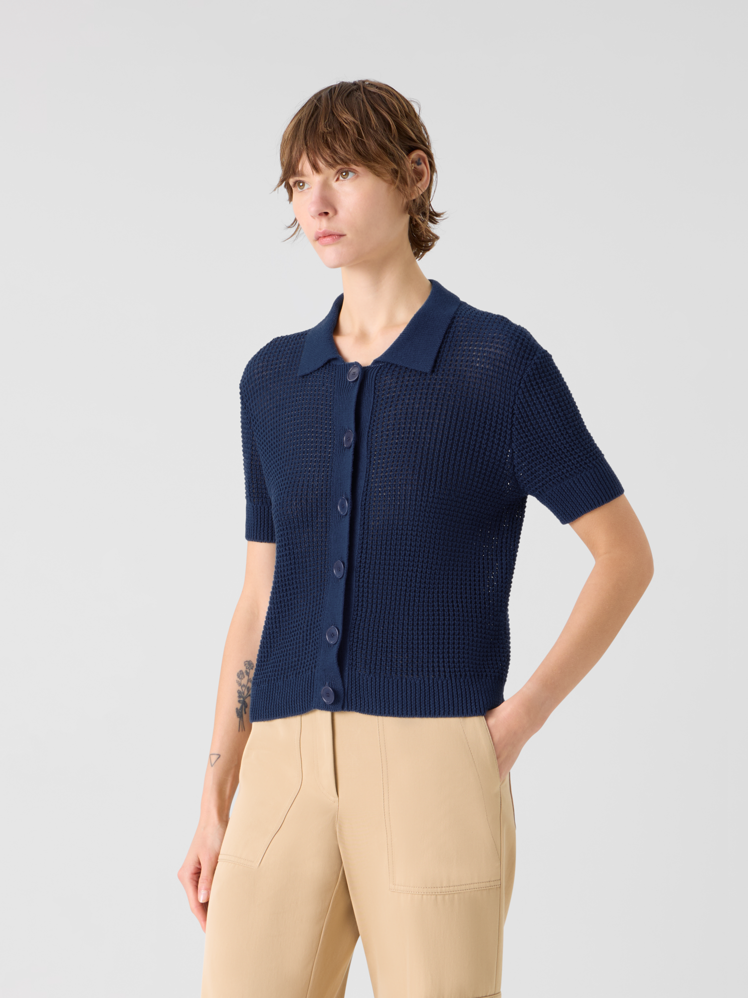 Designer Linen-Cotton Short-Sleeve Knit Cardigan - navy - blue