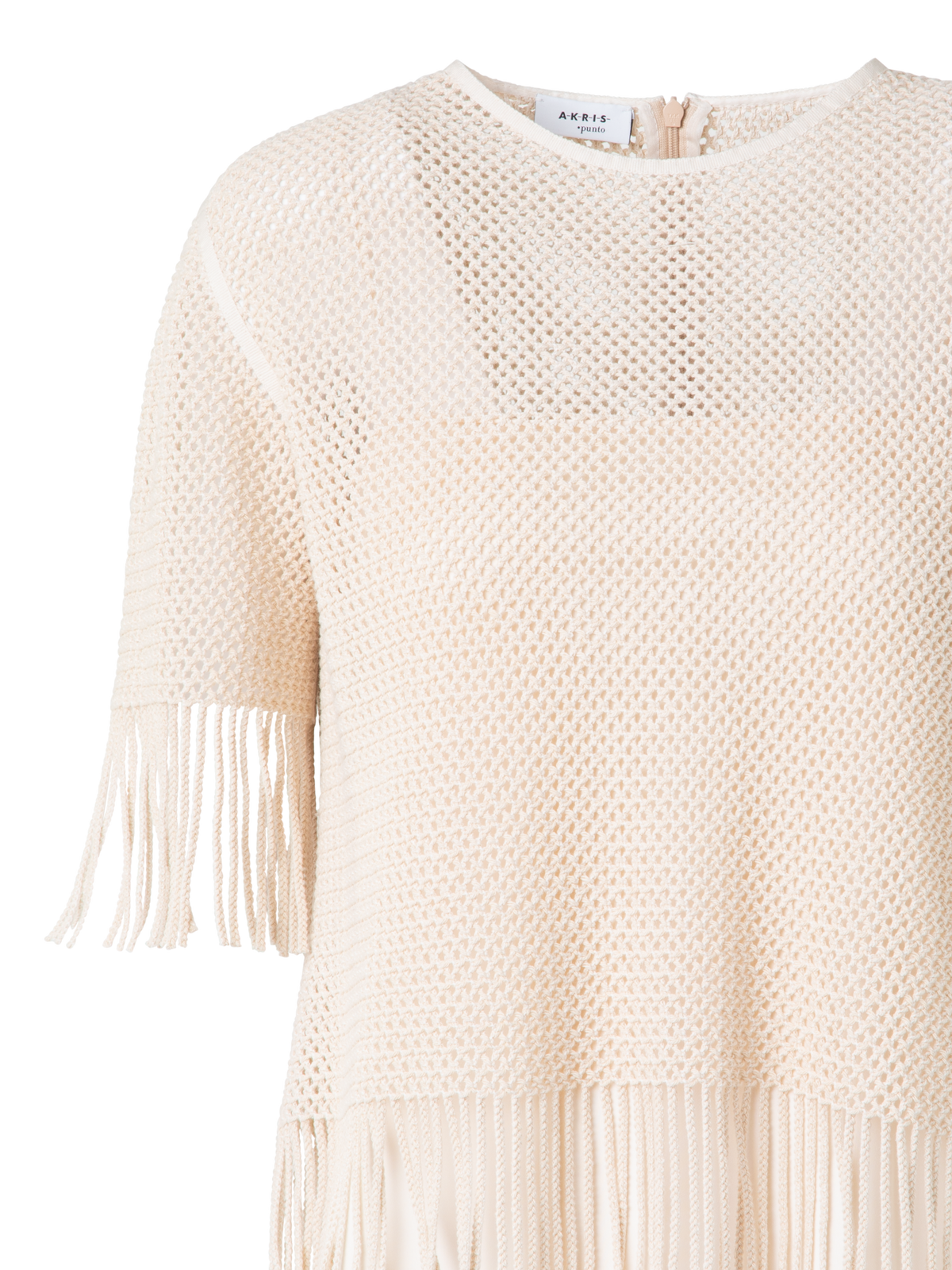Designer T-Shirt in Cotton Mesh wth Fringes - neutral - pastel - beige