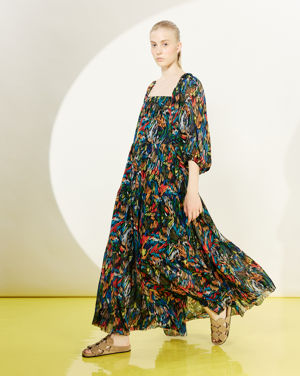 Designer Scribble Print Boho Maxi Dress - black - multicolor #editorial