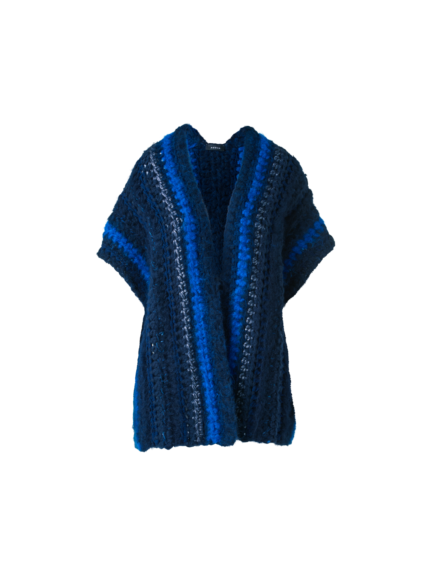 Designer Chunky Crocheted Cashmere Silk Striped Gilet - blue - multicolor