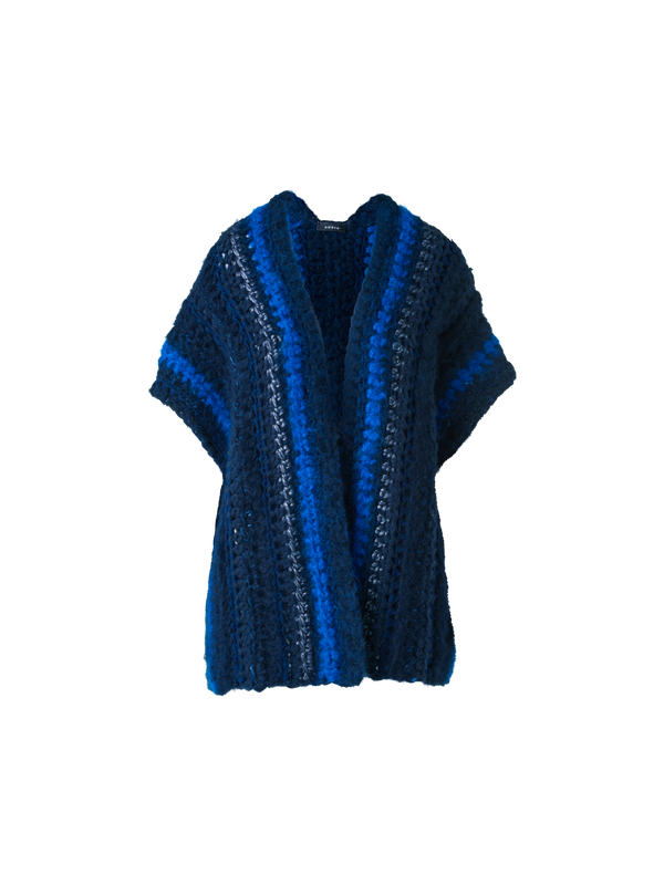 Designer Chunky Crocheted Cashmere Silk Striped Gilet - blue - multicolor