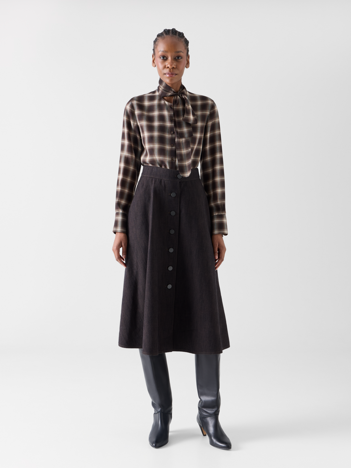 Designer Plaid Blouse in Wool Shelley with Bow Collar - brown - multicolor #editorial
