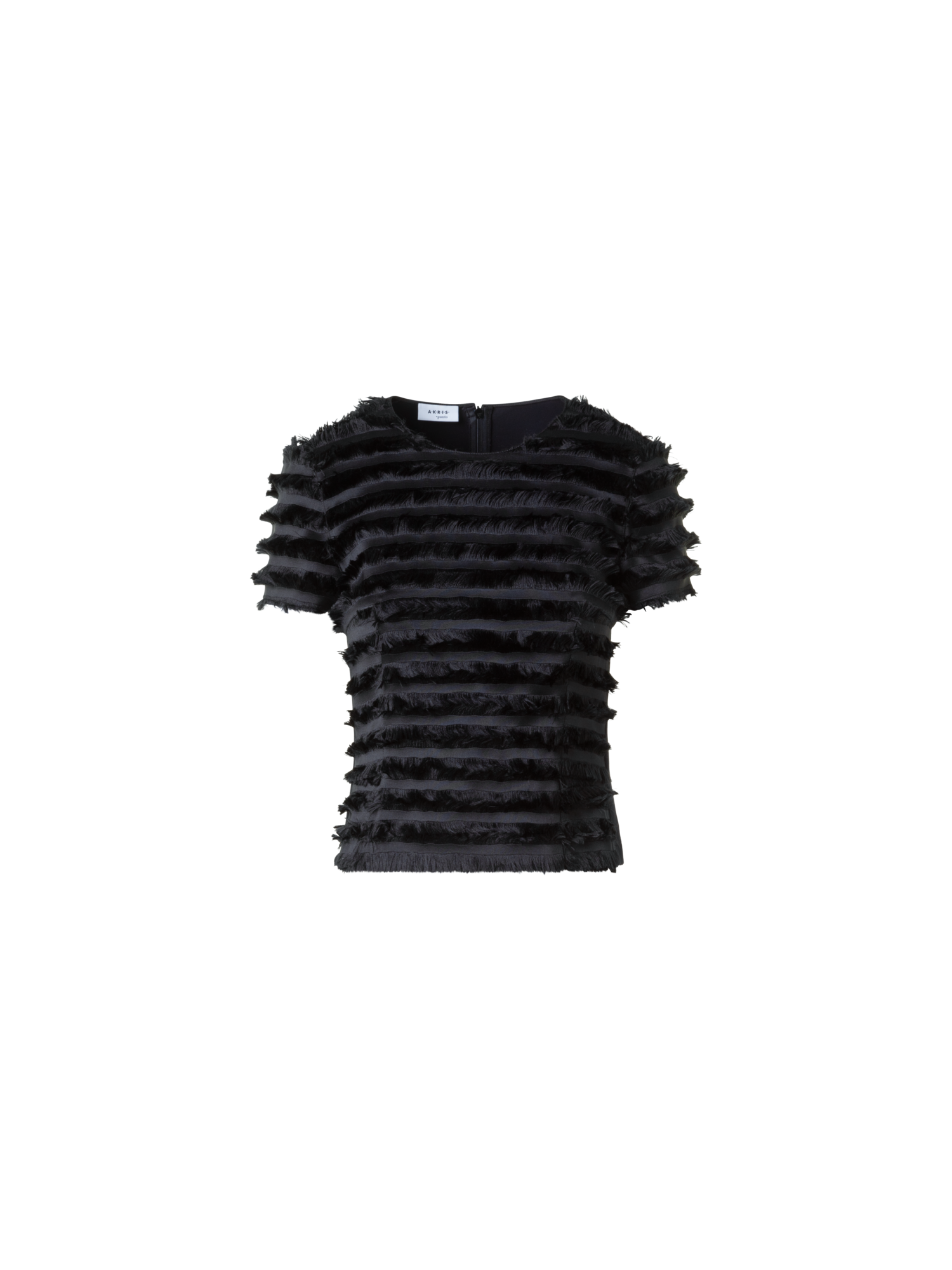 Designer Fitted Short Sleeve Top with Fringe Stripes - black - neutral