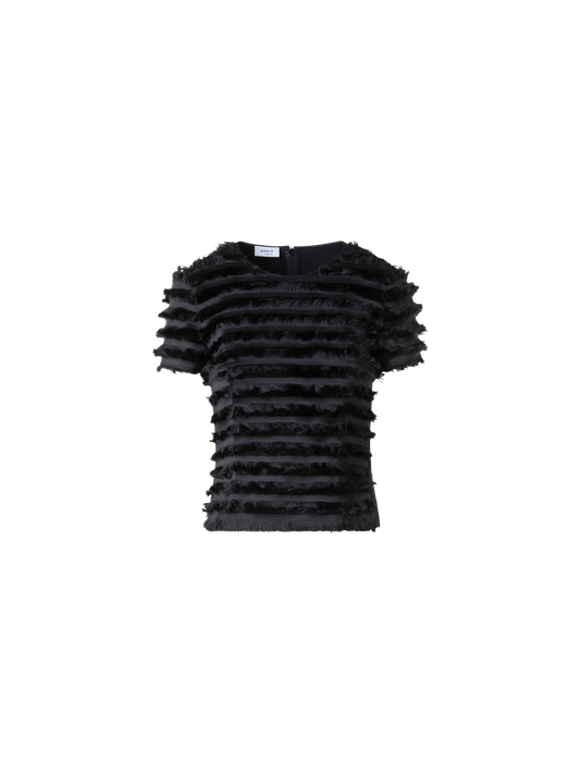 Designer Fitted Short Sleeve Top with Fringe Stripes - black - neutral