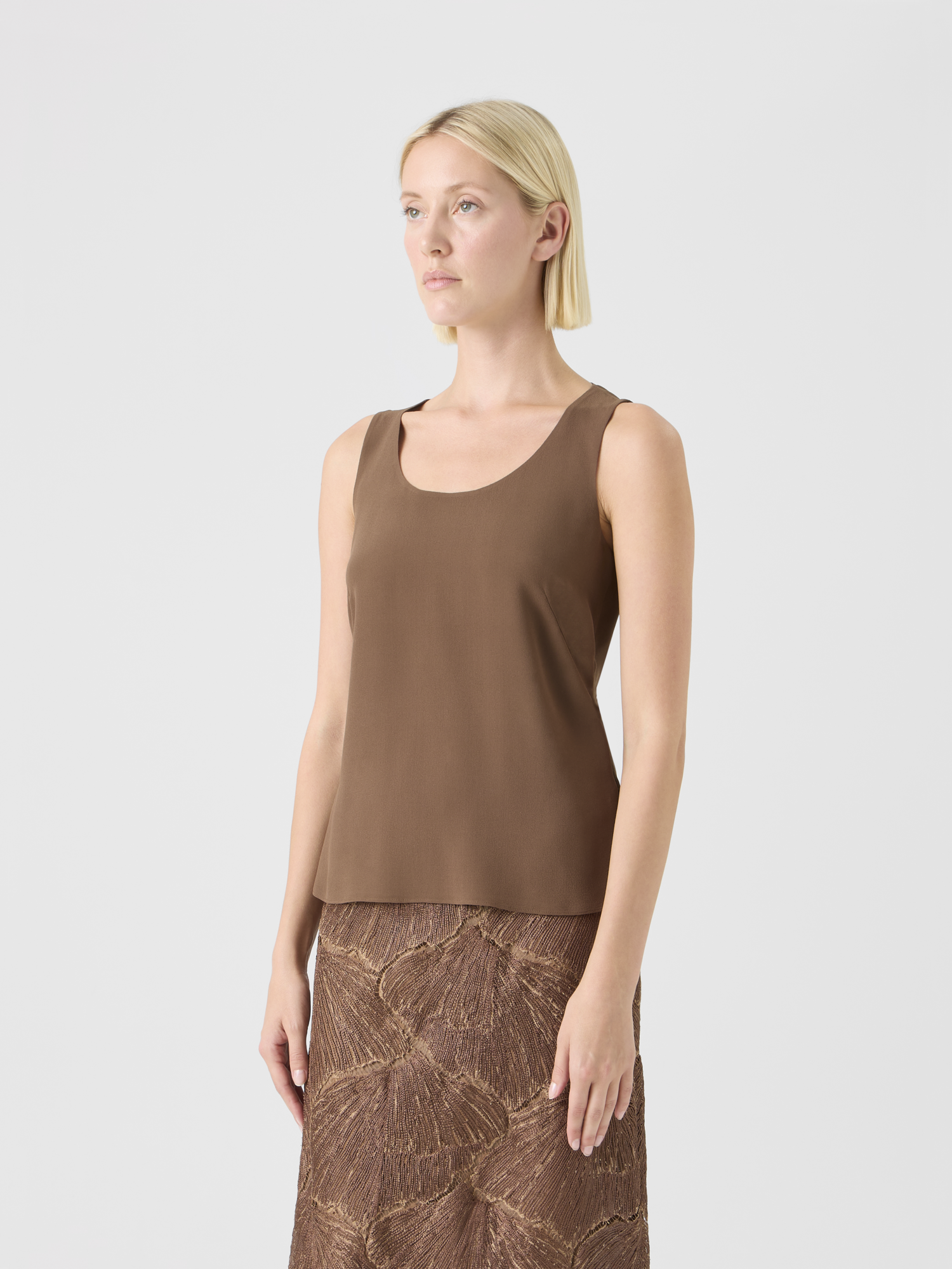 Designer Silk Georgette Scoop-Neck Top - brown 