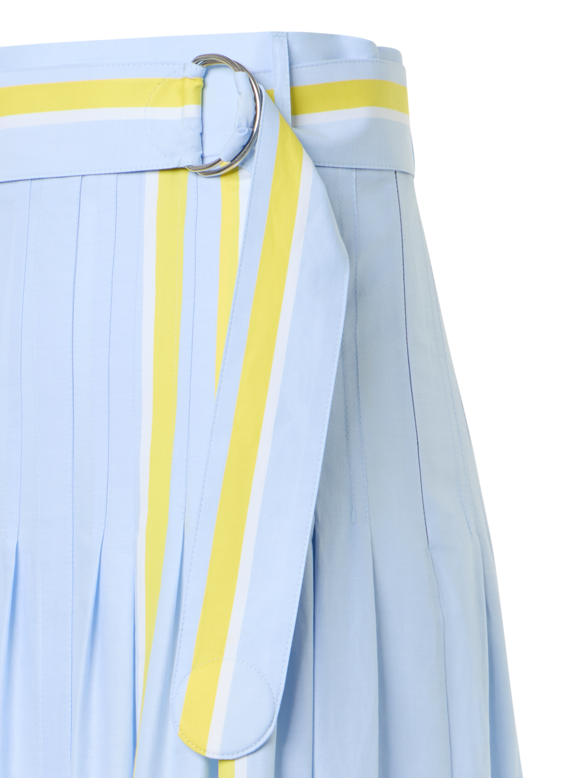 Designer Pleated Striped Cotton Chambray Midi Skirt with Belt - blue - multicolor