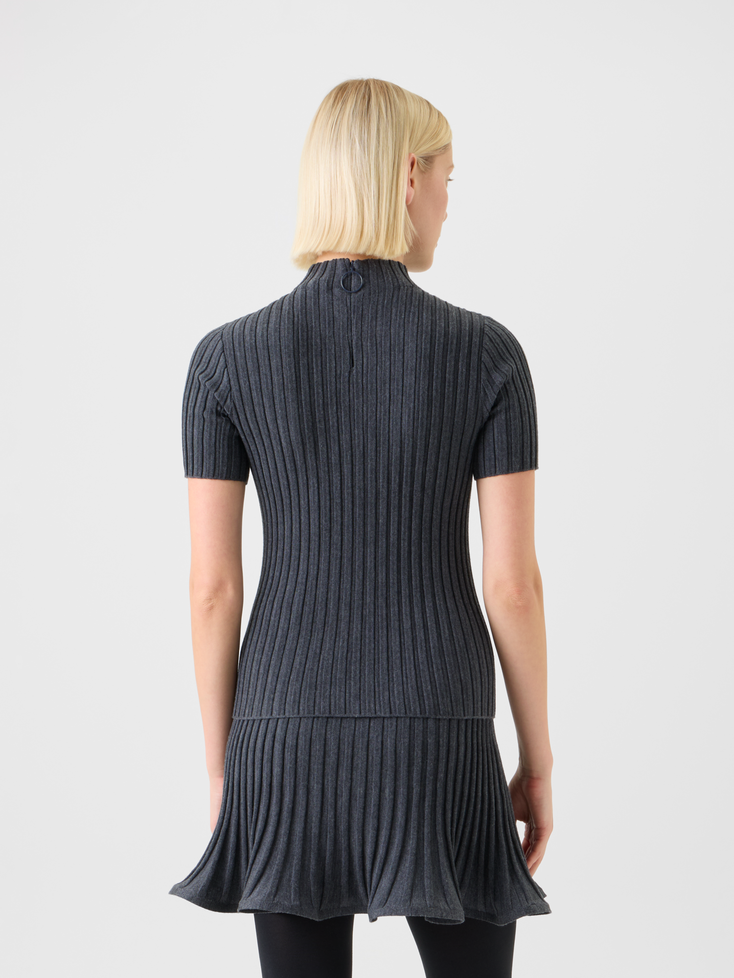 Designer Fitted Merino Wool Rib Mock Neck Knit Top - neutral - grey 