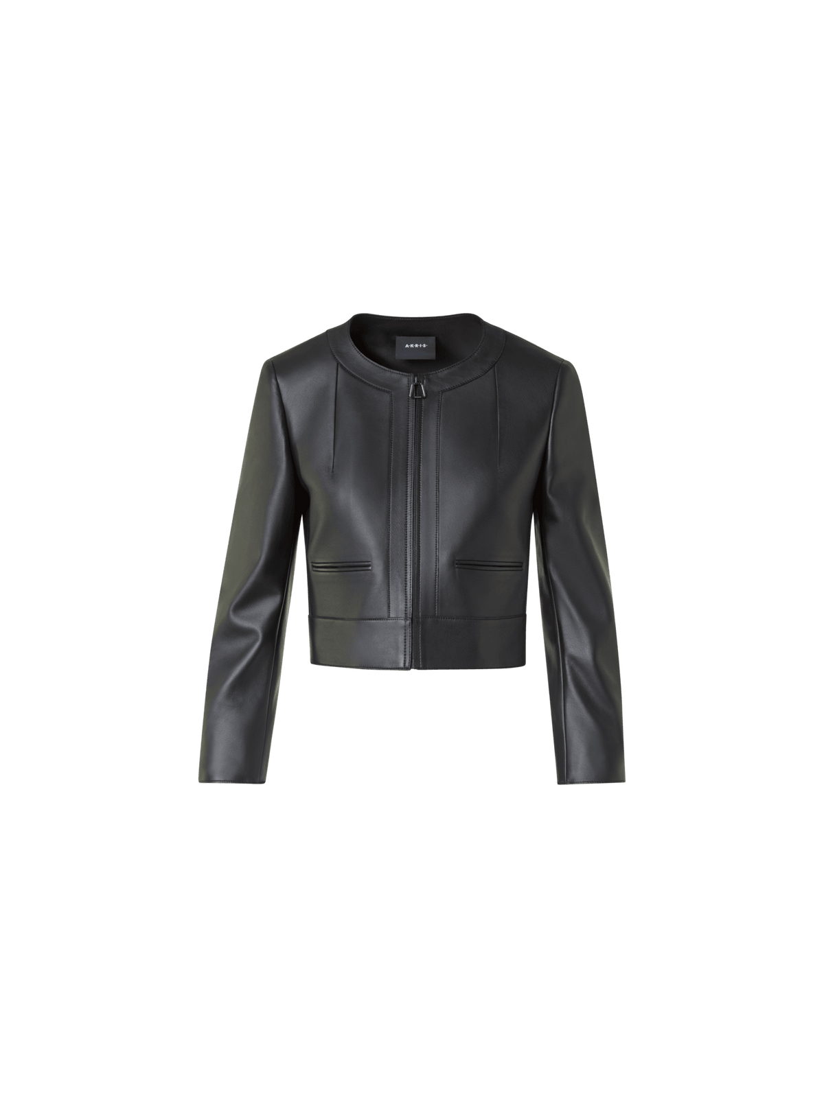 Designer Cropped Leather Jacket with Crew Neck - black - neutral