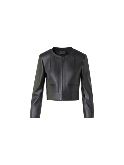 Designer Cropped Leather Jacket with Crew Neck - black - neutral