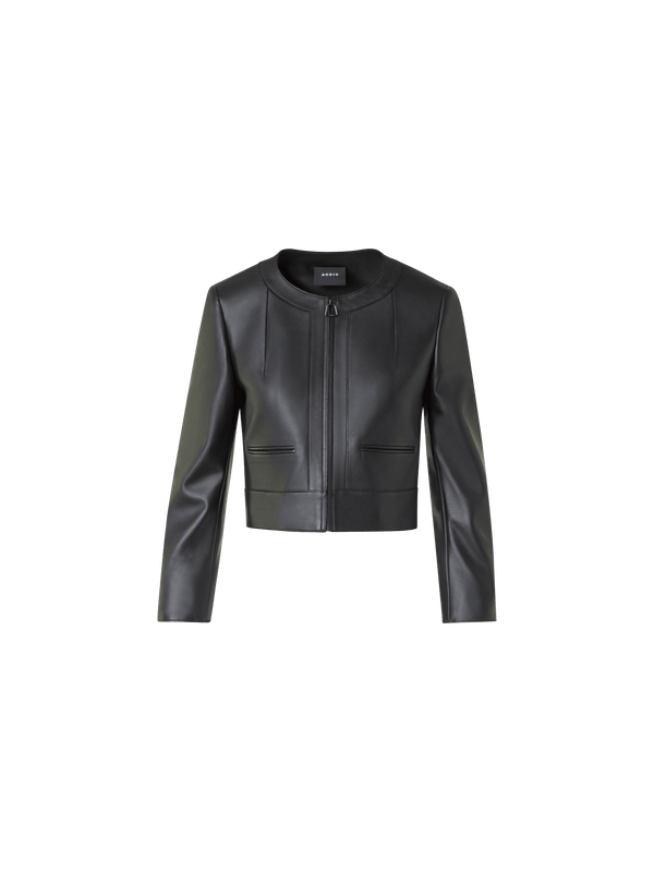 Designer Cropped Leather Jacket with Crew Neck - black - neutral