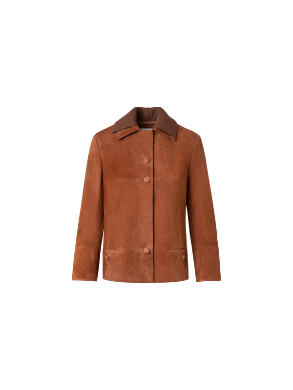 Designer Cropped Leather Jacket with Knit Collar - neutral - brown