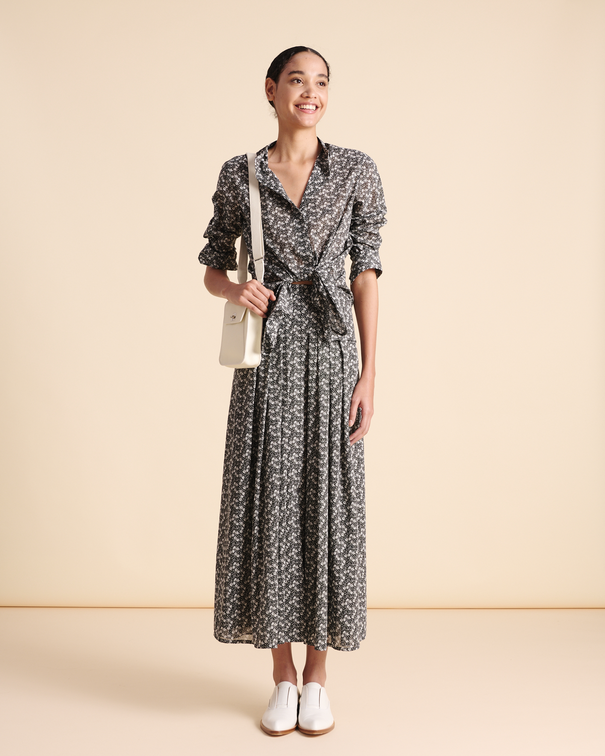 Designer Cotton Midi Skirt with Mini Anemone Print - black - neutral - grey - multicolor