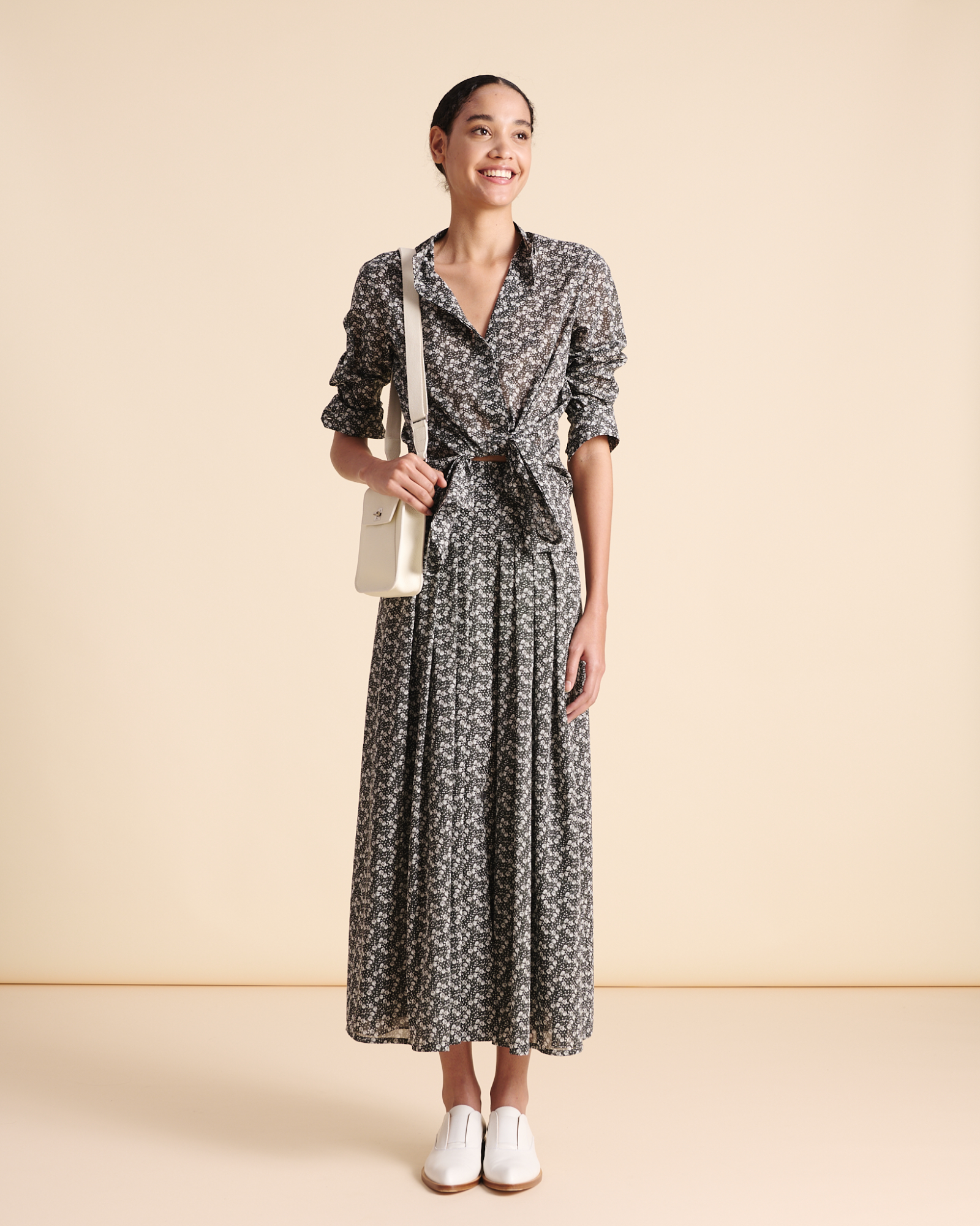 Designer Cotton Midi Skirt with Mini Anemone Print - black - neutral - grey - multicolor