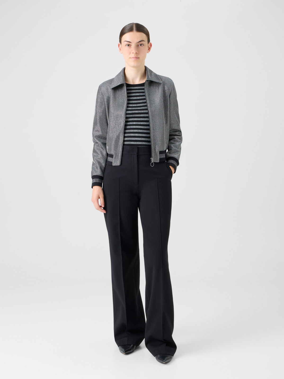 Designer Metallic Birdseye Jersey Bomber Jacket - grey #editorial