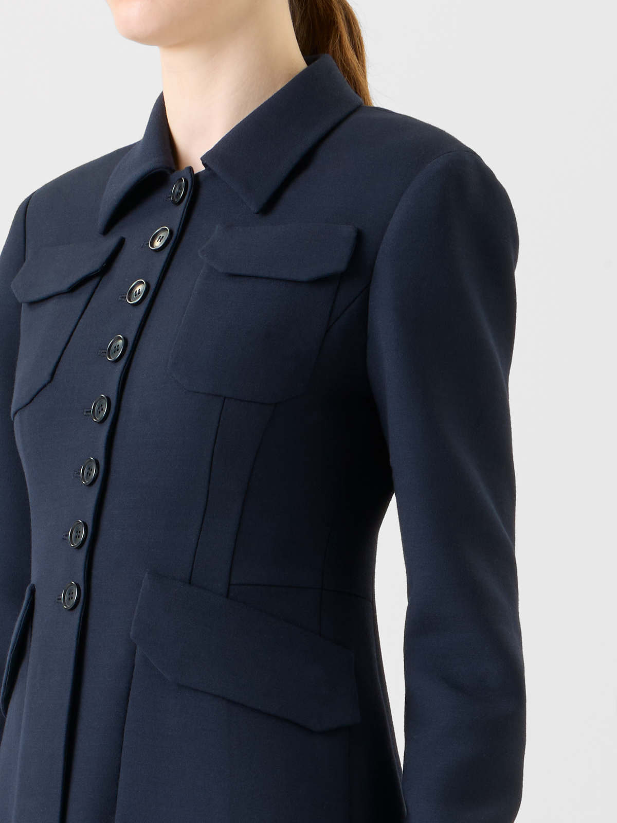 Designer Fitted Wool Double-Face Midi Coat Dress - neutral - navy - blue #editorial