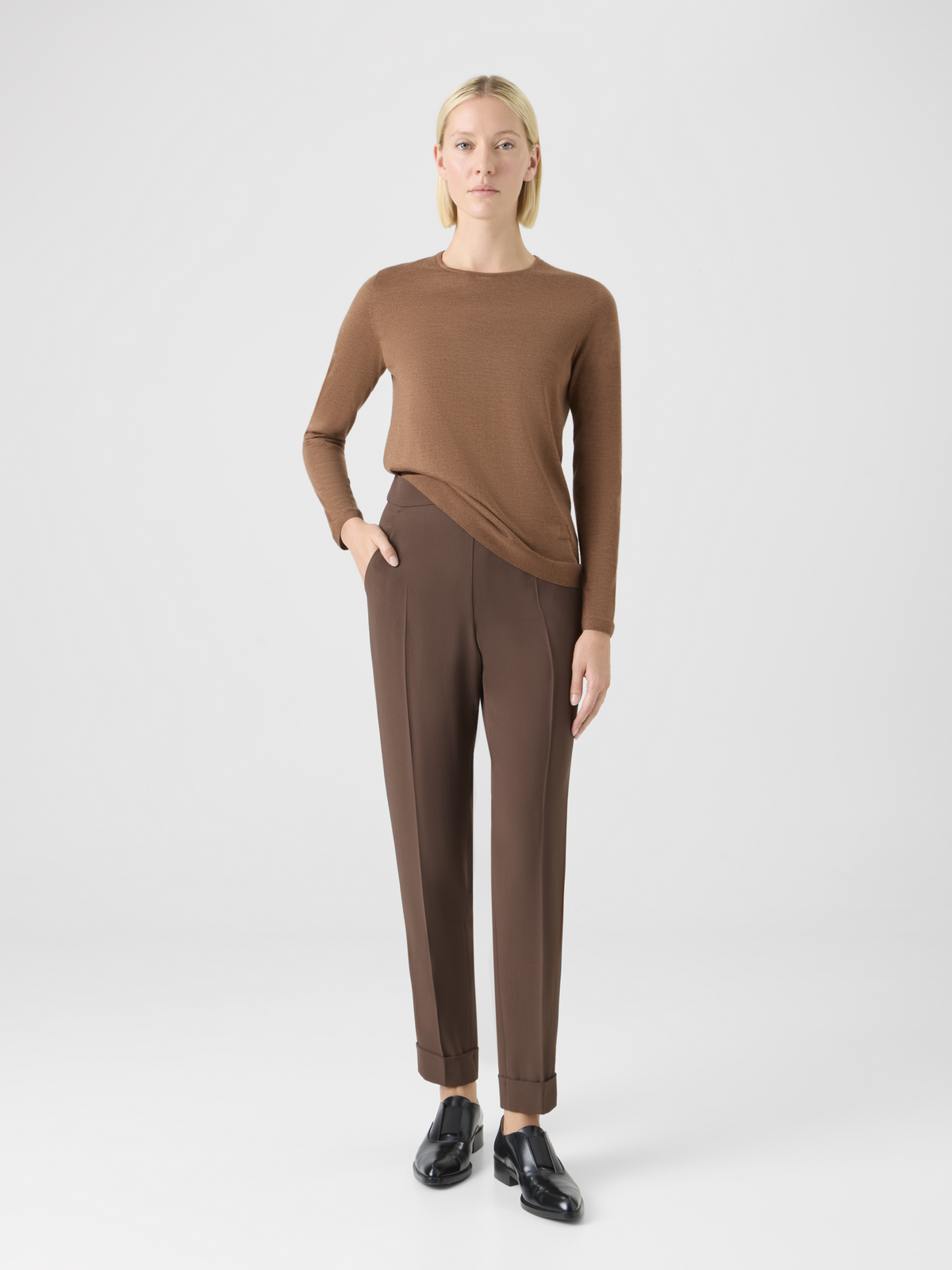 Designer Tapered Ankle Length Pants with Elastic Waist - brown #editorial