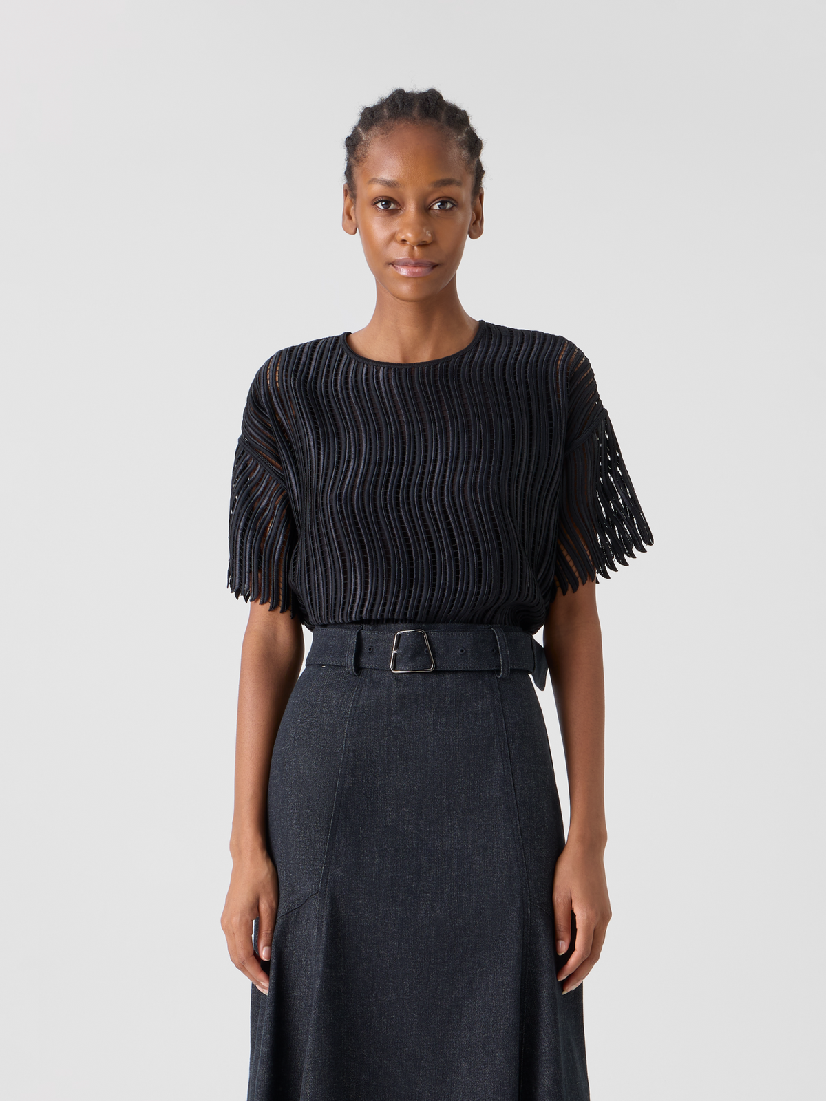 Designer Boxy Blouse in Wave Guipure - black #editorial