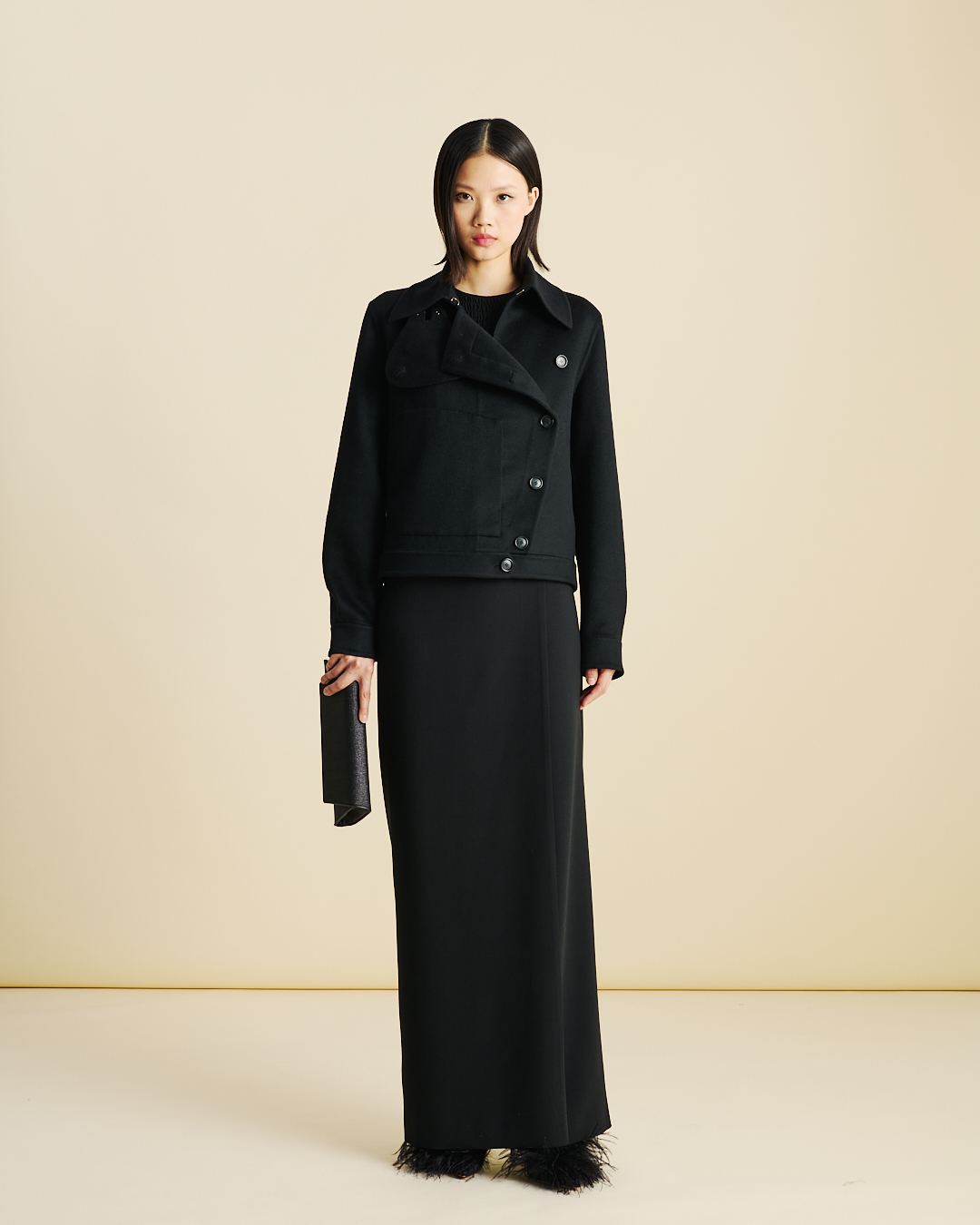 Designer Straight Wool Double-Face Pants with Apron Wrap - black - neutral 