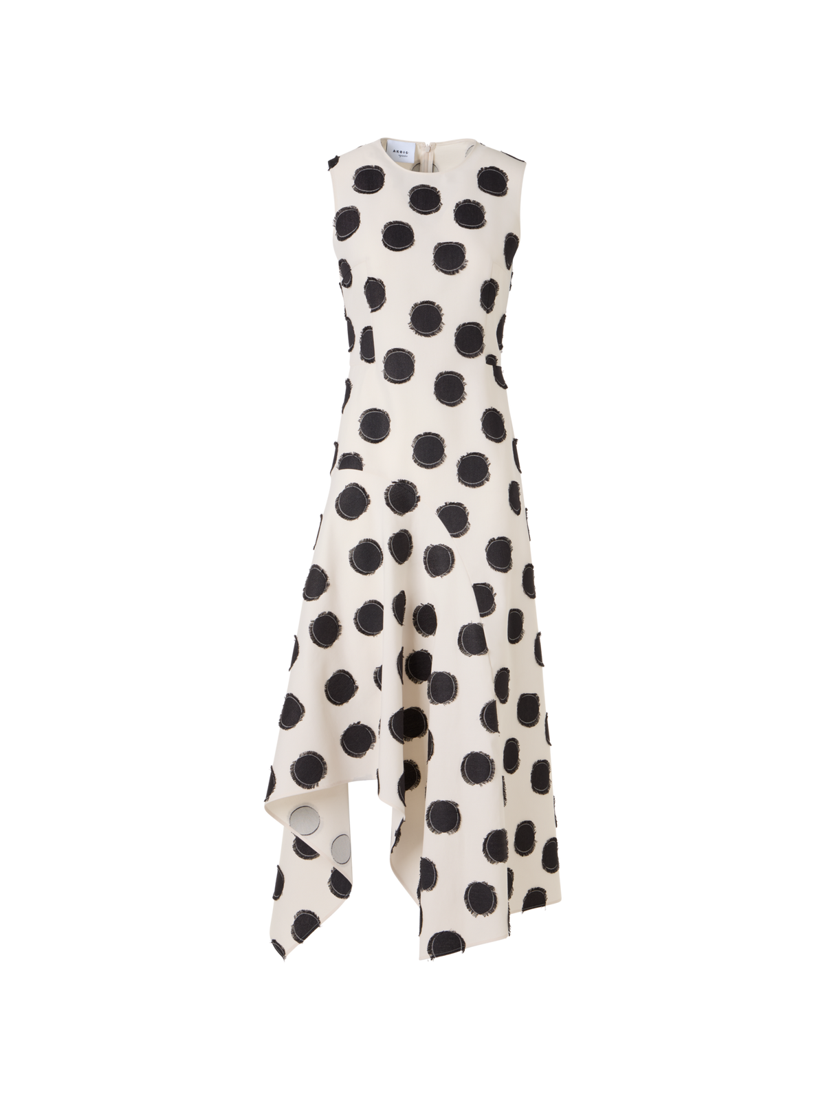Designer Sleeveless Fringed Polka-Dot Midi Dress - white