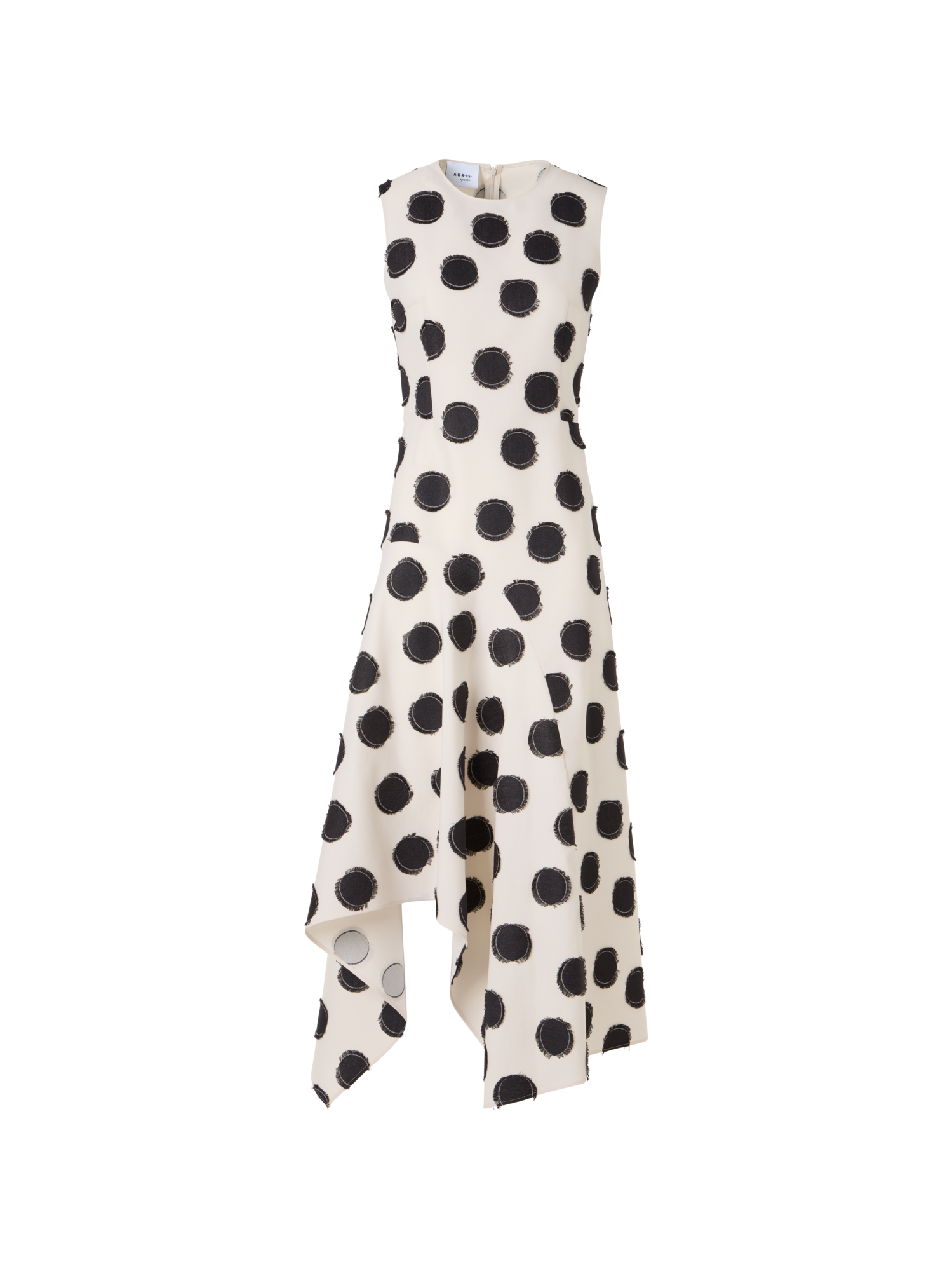 Designer Sleeveless Fringed Polka-Dot Midi Dress - white