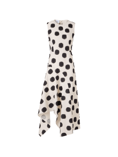 Designer Sleeveless Fringed Polka-Dot Midi Dress - white