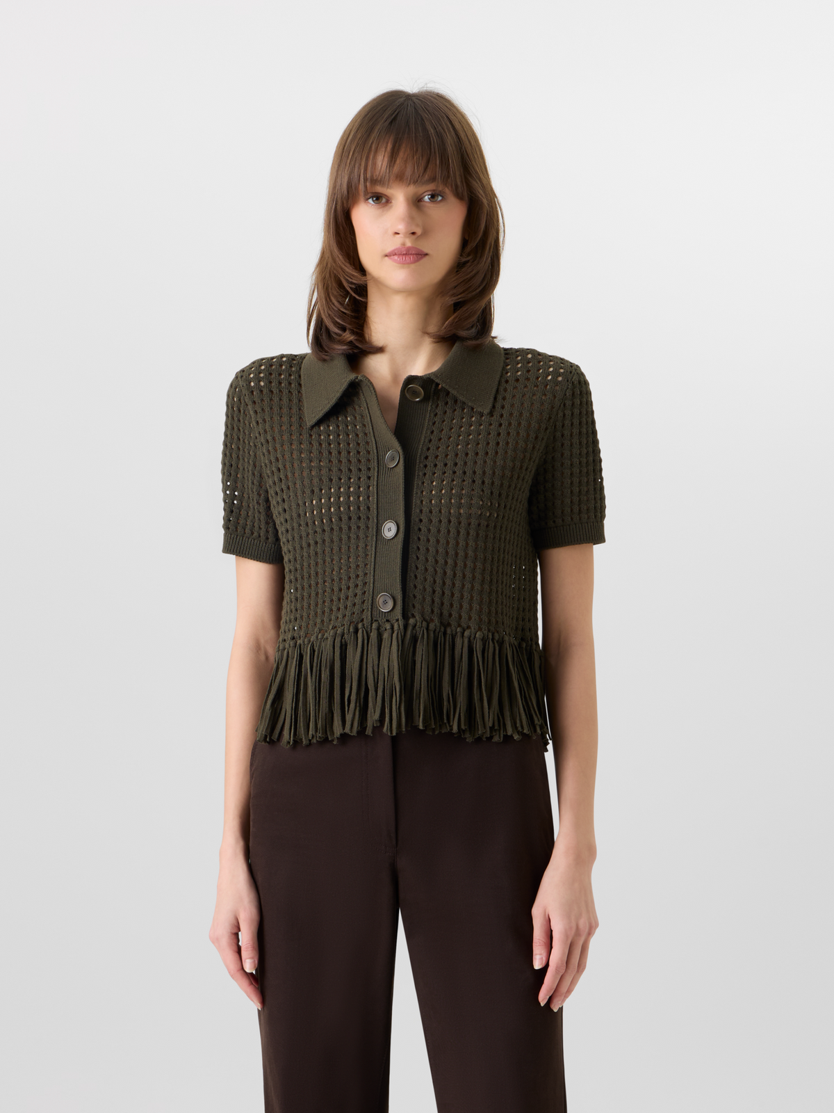Designer Short-Sleeve Chunky Cotton Mesh Knit Cardigan - green #editorial