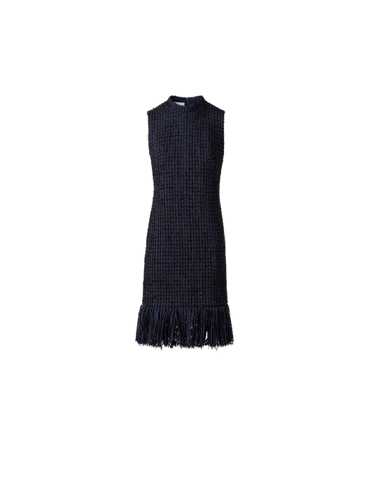 Designer Tweed Sheath Dress with Fringes - navy - blue - multicolor