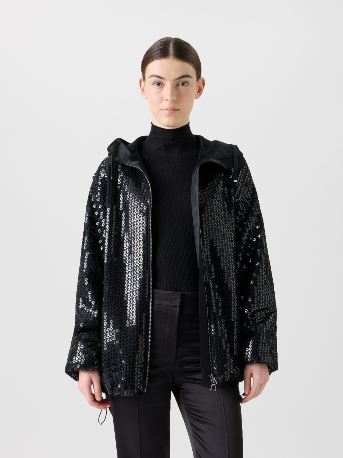 Designer Sequin Chiffon Hooded Parka - black - neutral #editorial