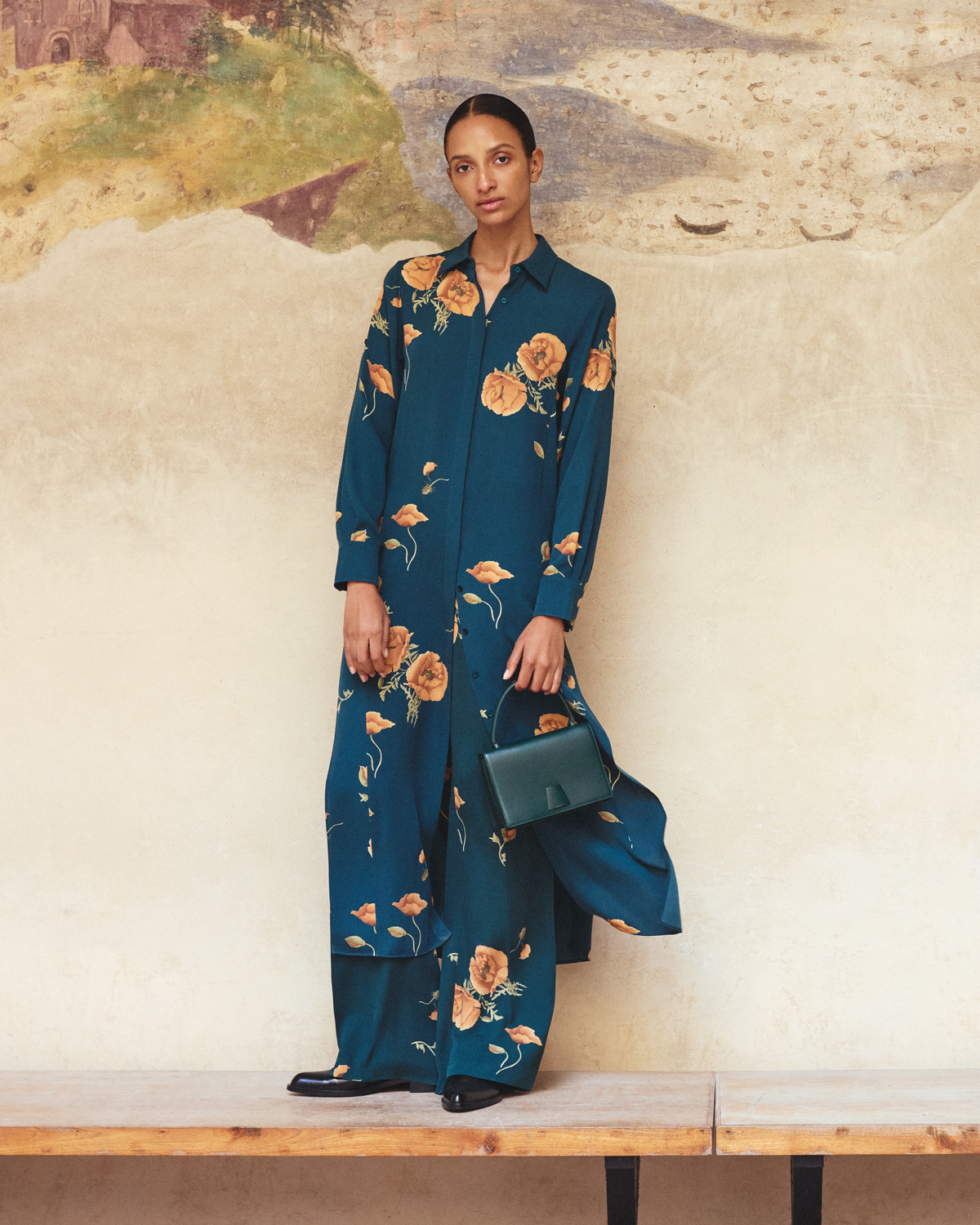 Designer Long Silk Tunic Dress with Anemone Print - green - multicolor #editorial