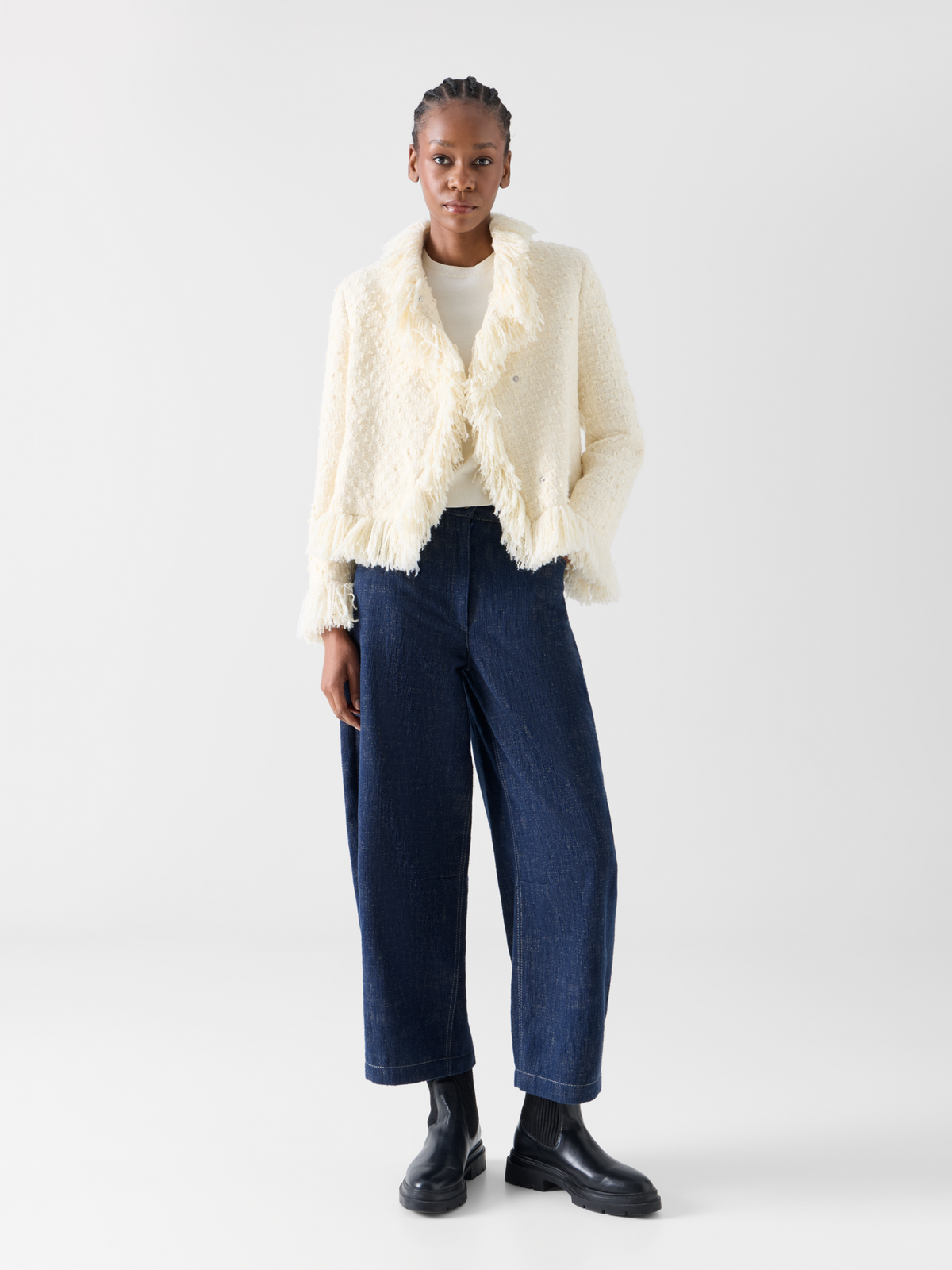 Designer Tweed Jacket with Fringed Edges - ecru 
