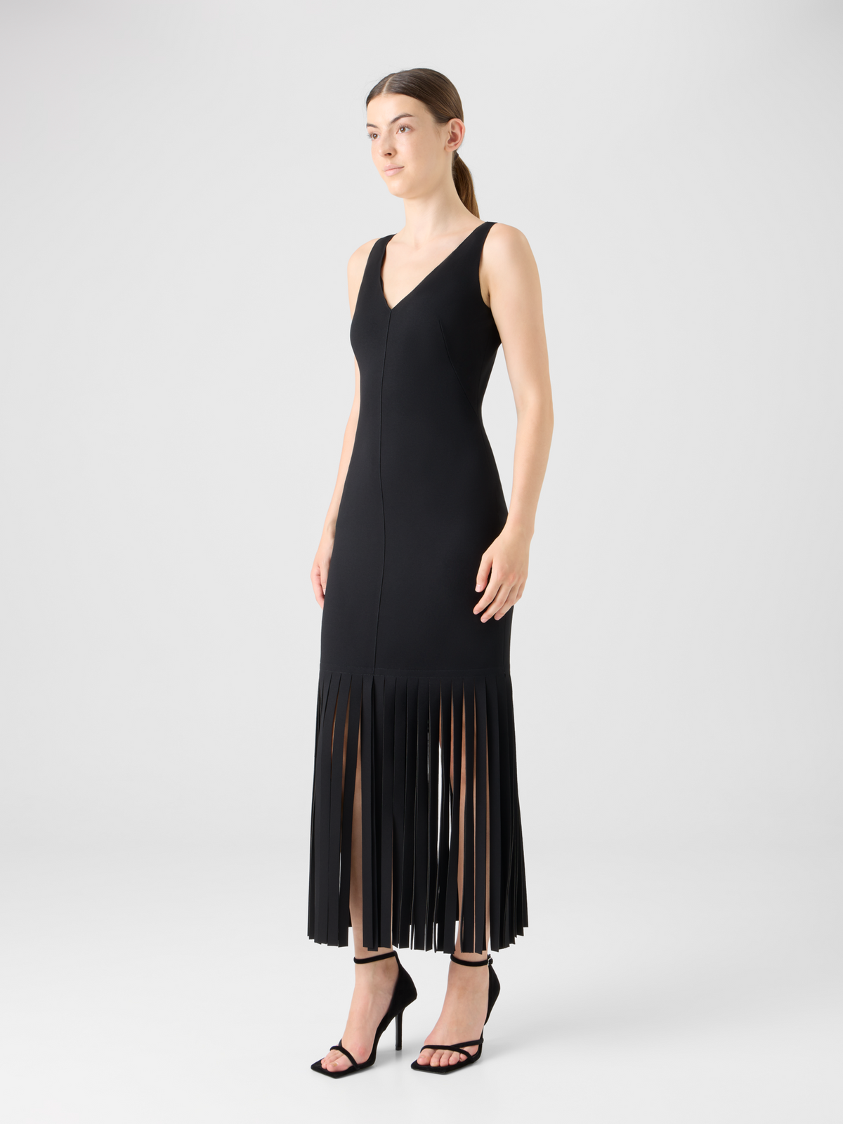 Designer Viscose Jersey Dress with Fringe Hem - black #editorial