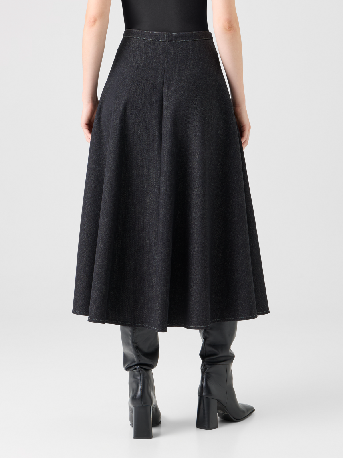 Designer Flared Cotton Stretch Denim Skirt - black #editorial