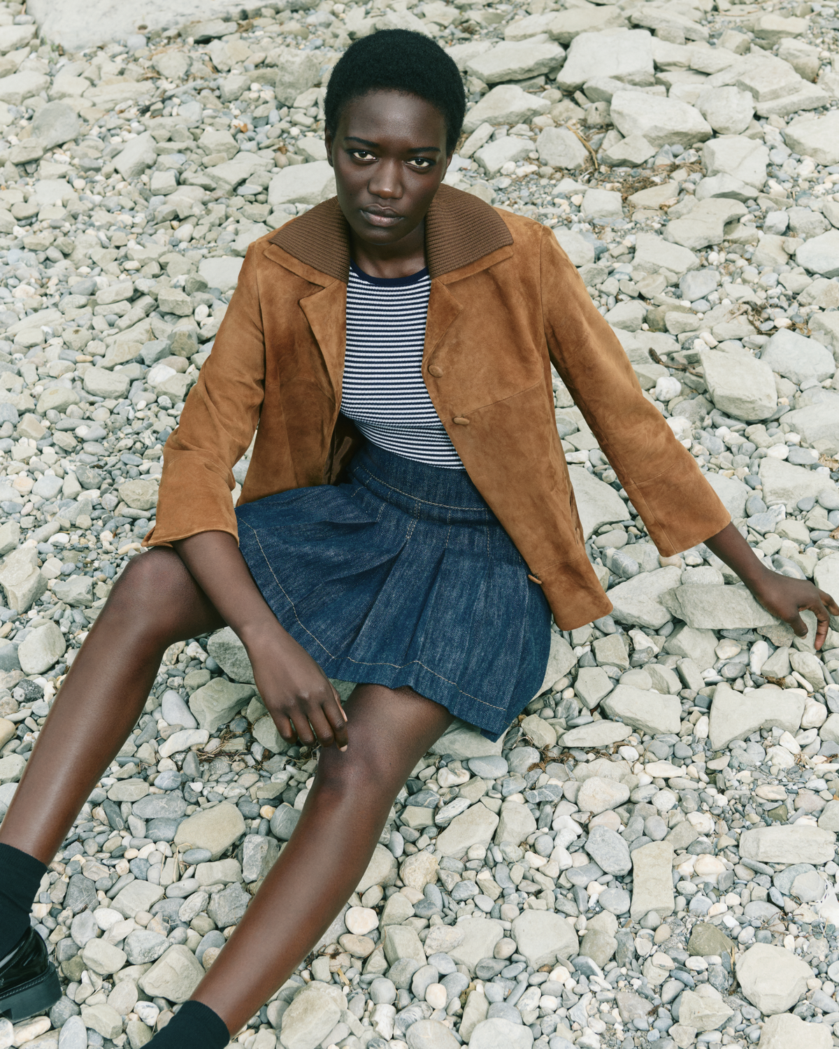 Designer Short Sleeve Sweater in Striped Virgin Wool  - navy - blue - multicolor #editorial