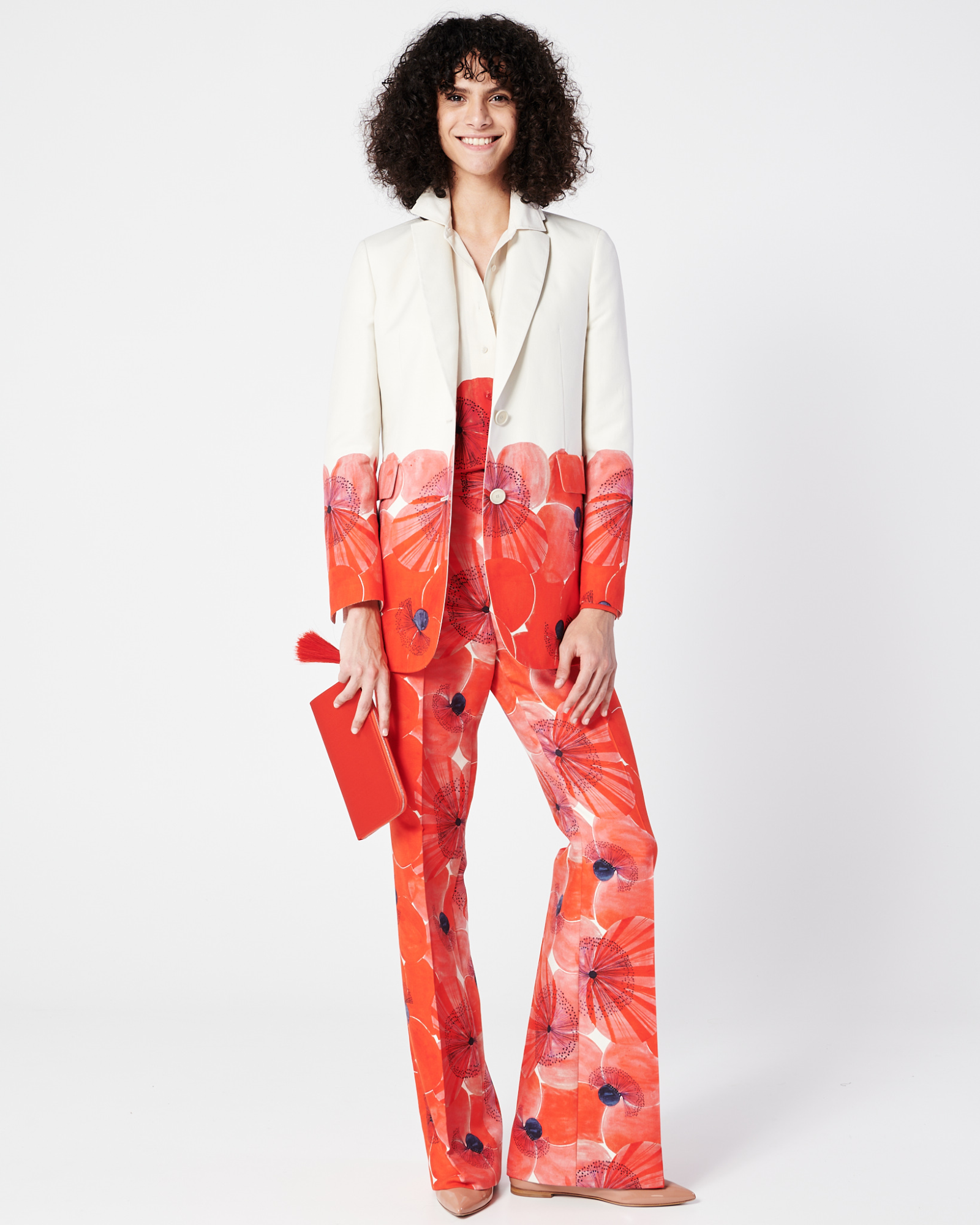 Designer Long Double-Face Jacket with Poppy Print - multicolor - red 