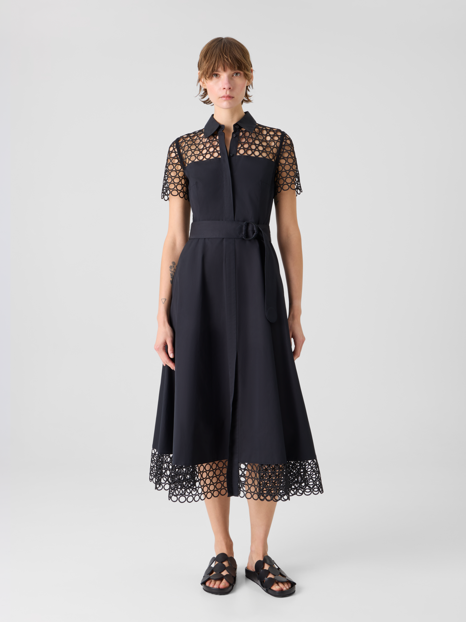 Designer Cotton Midi Dress with Eyelet Guipure - black
