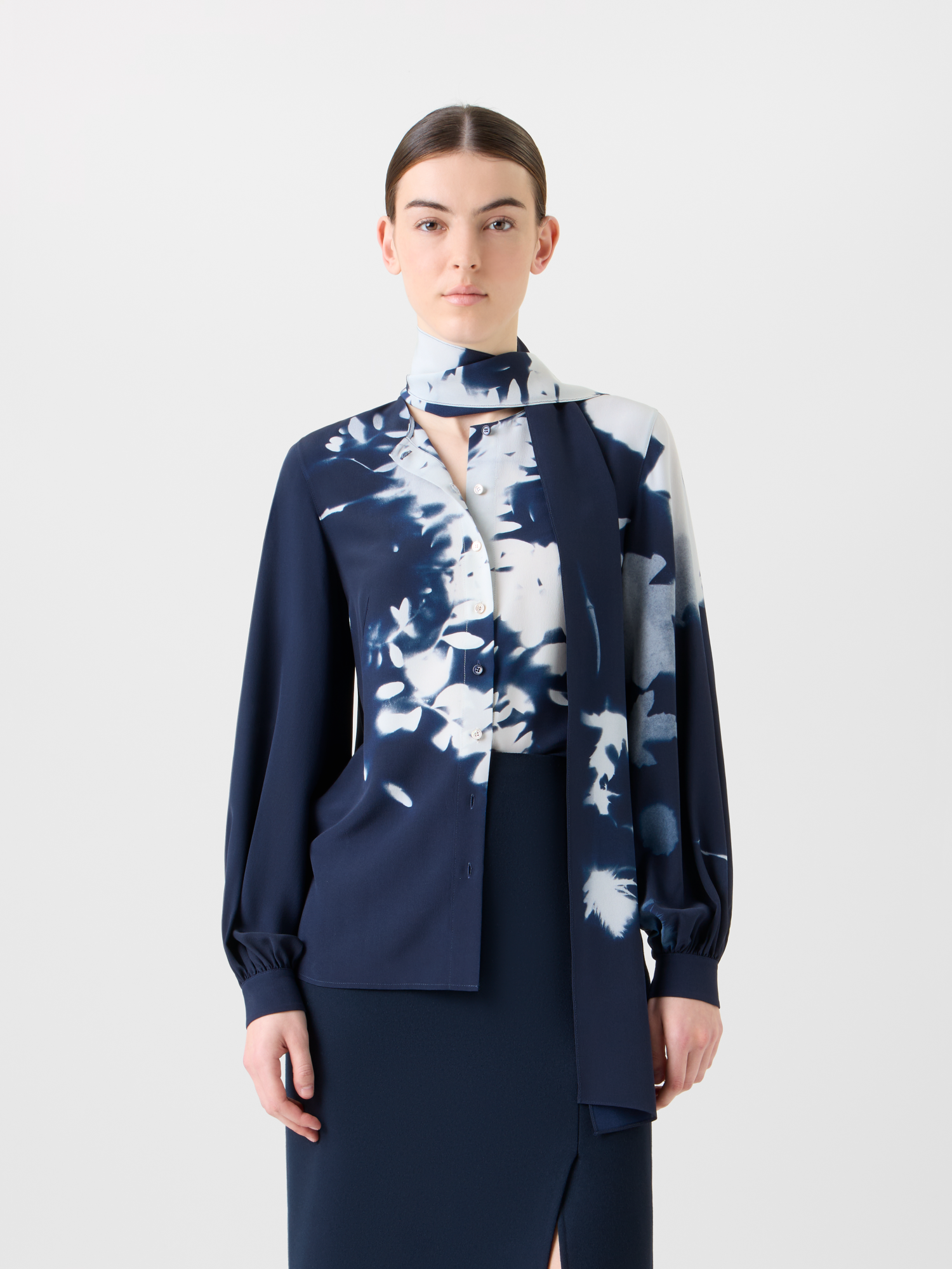 Designer Tie Neck Silk Blouse in Wildflower Print - neutral - navy - blue - multicolor 