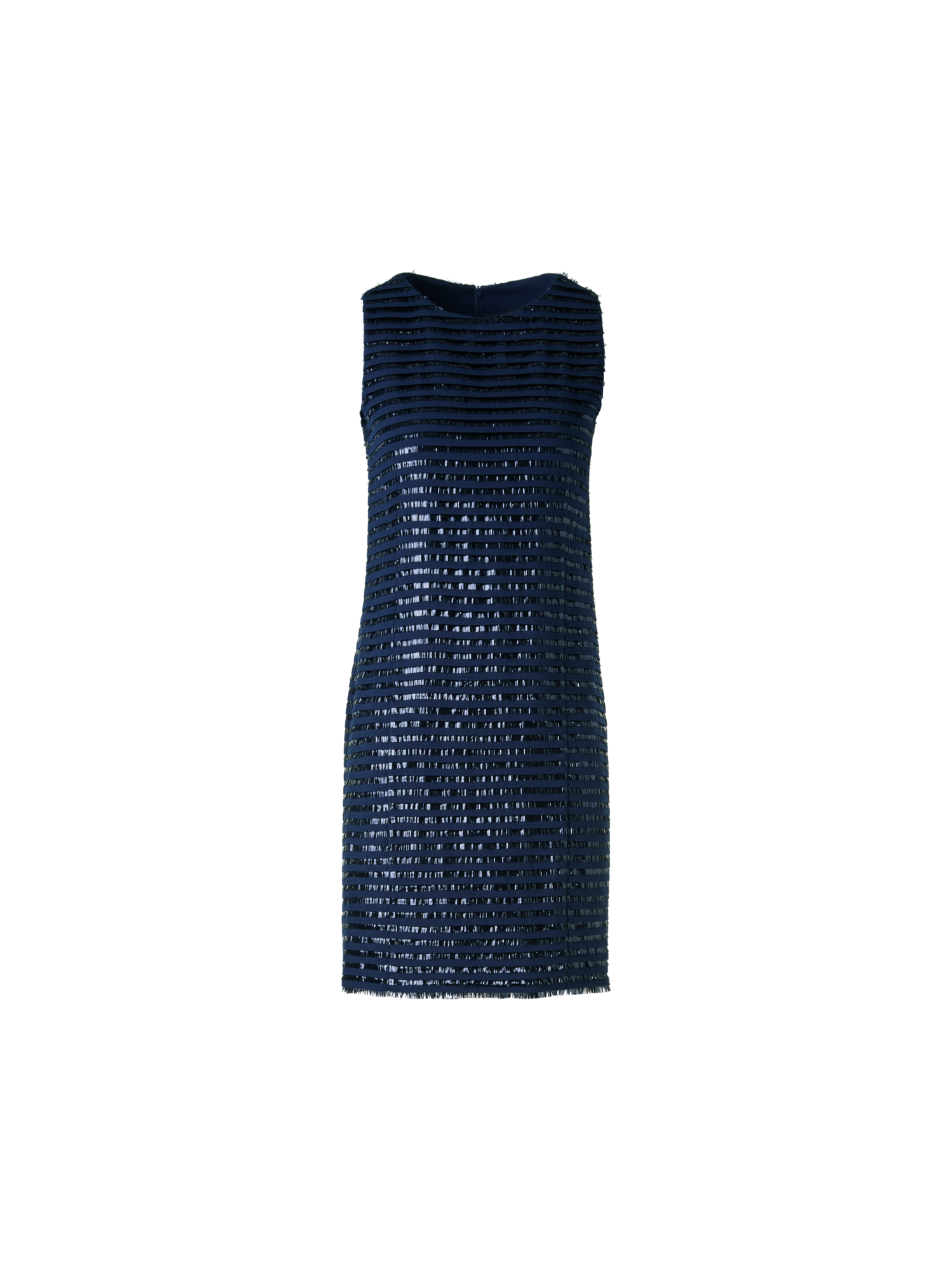 Designer Sheath Dress in Lamé Fringes Embroidery on Wool - navy - blue