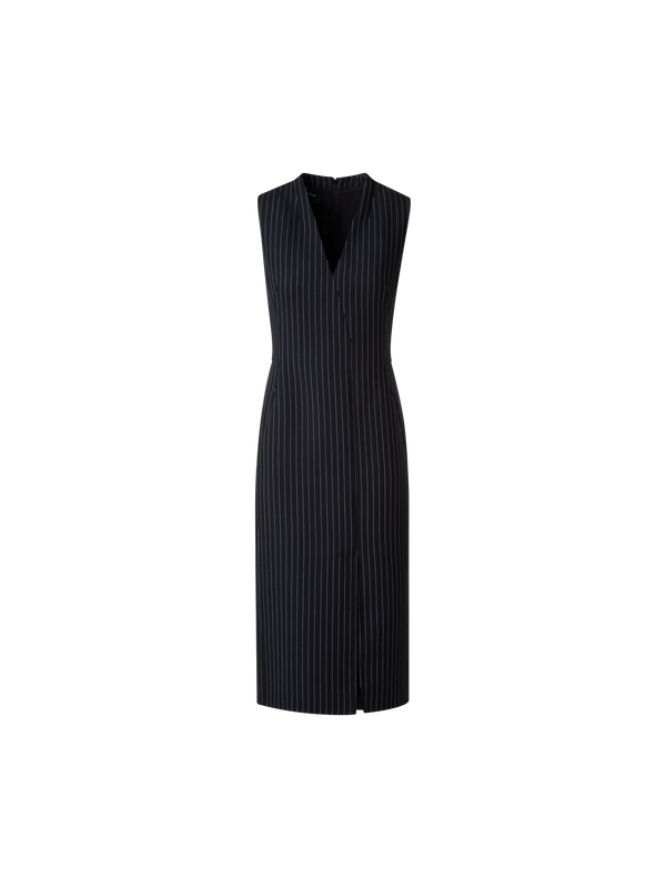 Designer Wool Double-Face Sheath Dress with Pinstripes - black