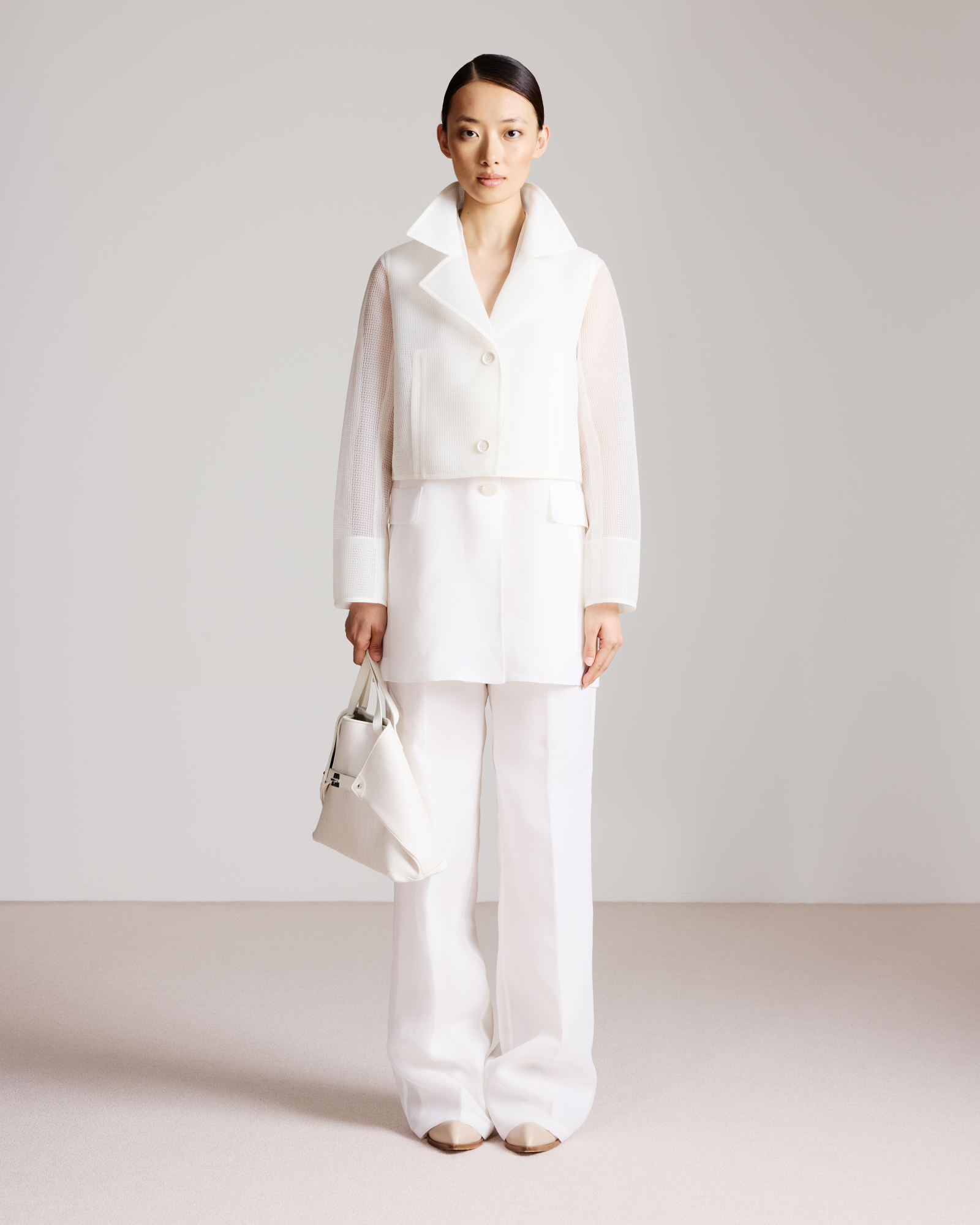 Designer Long Sheer Silk Organza Gilet - neutral - ecru - white 