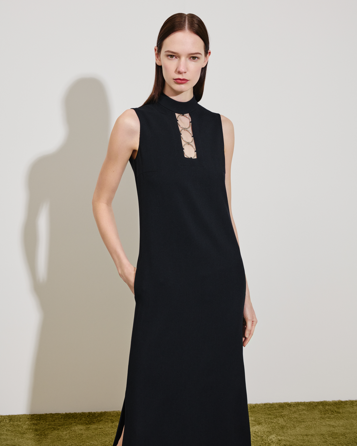 Designer Tricotine Midi Shift Dress with Metal Rings - black - neutral #editorial